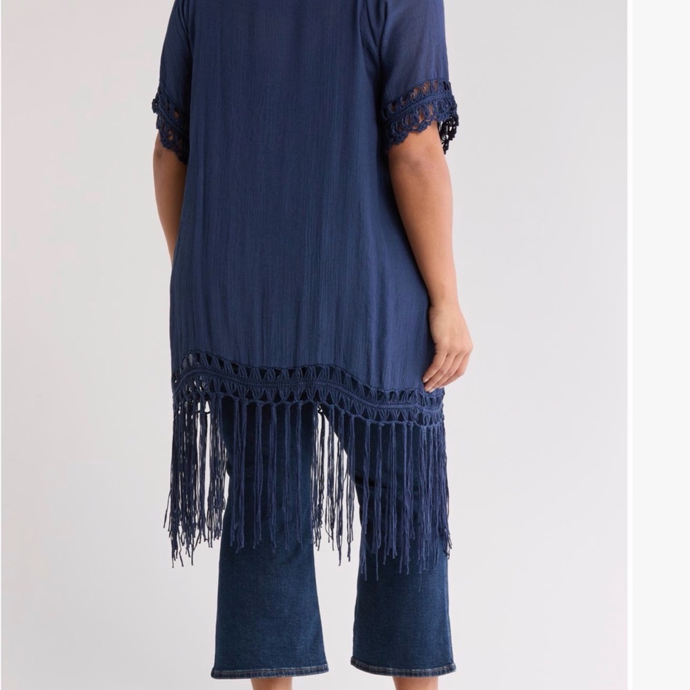 Navy Fringe Kimono Cardigan - Women - Picture 2 of 9
